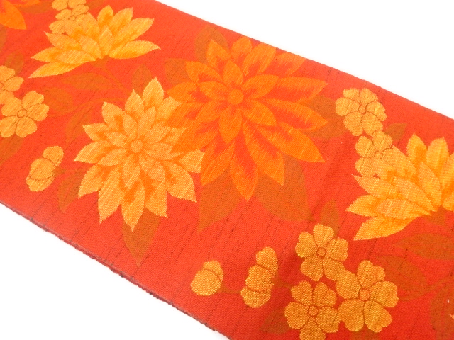 手織り紬　菊に小花模様織り出し　名古屋帯